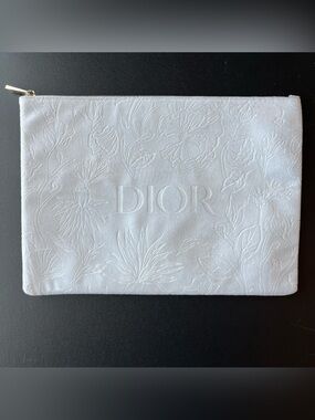 Christian Dior White Floral Cosmetic Bag With Gold Zipper